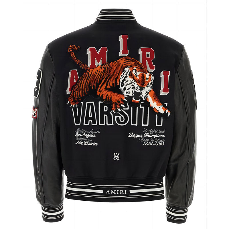 AMIRI Appliquéd Embroidered Wool-Blend Twill and Leather Varsity Jacket